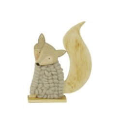 Volpe in legno piatta con vestito grigio in lana cotta