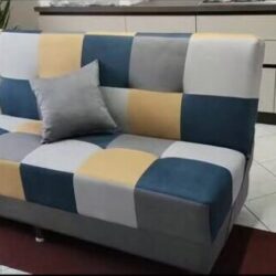 Divano letto 3 posti patchwork blu con contenitore